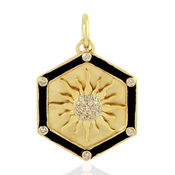 14k Yellow Gold Sunburst Pendant 7 Diamond Charm Pendant Enamel Disc Charm Pendant Hexagon Charm Pendant Jewelry Gift For Her