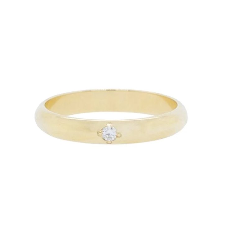 Metal Purity : 14k Yellow Gold Diamond : Good Quality Single Cut Diamond Diamond Weight (ct) : 0.05 cts Size (mm) : US 7 & 3mm wide band ( or as per clients request) Rhodium : Rose Gold Rhodium, Yellow Rhodium & White Rhodium