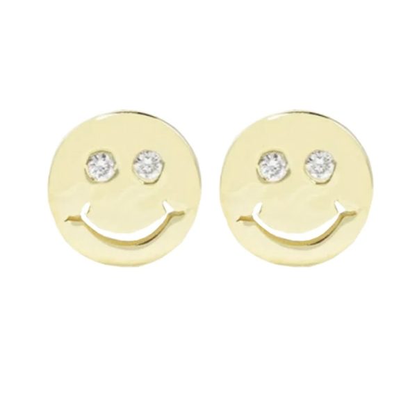 14k Yellow Gold Stud Earrings, 14k Gold Minimalist Studs, Real Diamond Circle Studs, Diamond Smiley Face Stud Earrings Women
