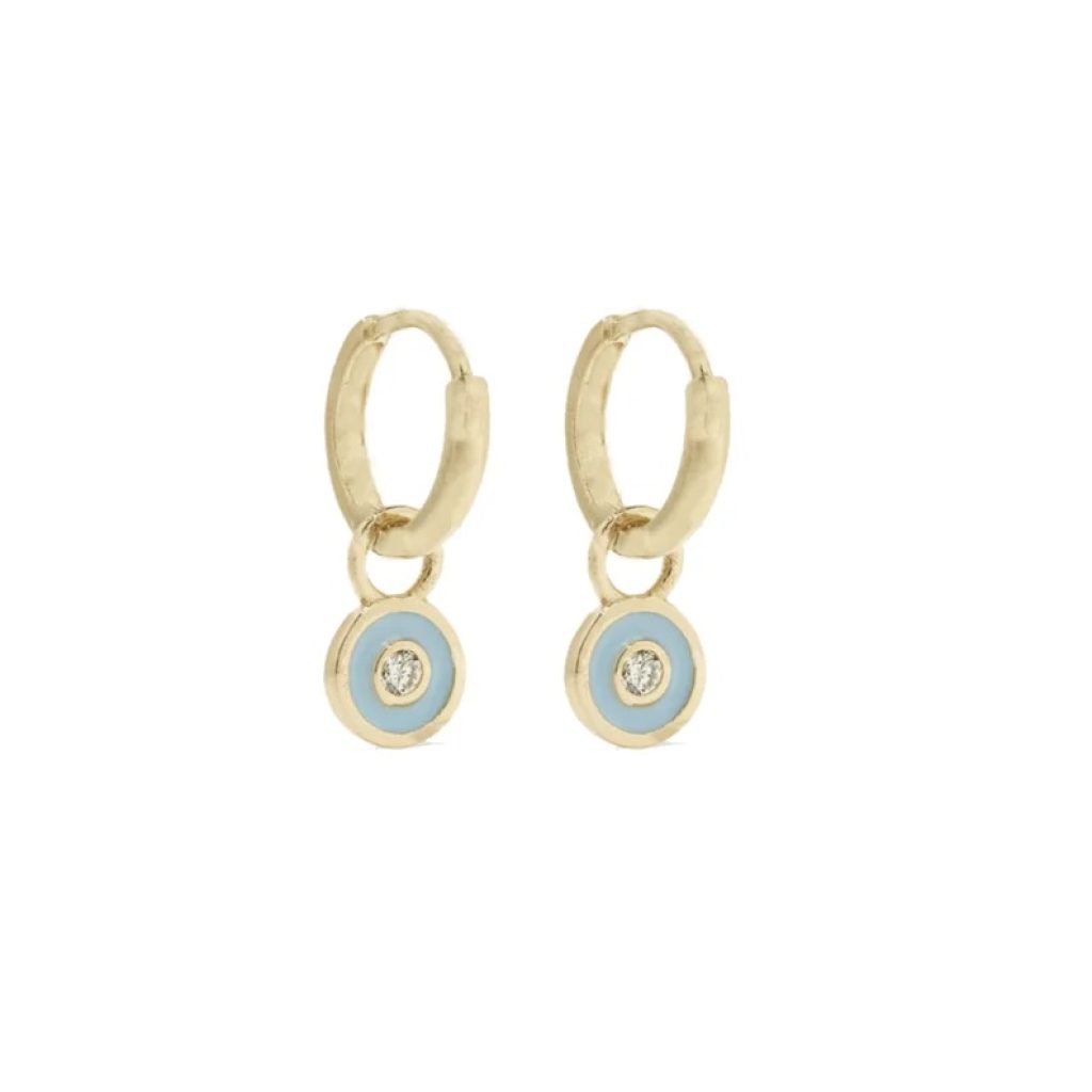 Diamond Turquoise Enamel Earrings, 14k Solid Yellow Gold Earrings, Gold Hoop Hanging Disc Stud Earrings, 14k Gold Wedding Earrings