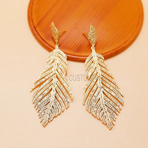 925 Sterling Silver Pave Micro Settings Sapphire Gemstone Feather Wings Earrings, Leaf Earrings, Sapphire Dangle Earrings For Women's