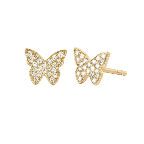 14k Yellow Gold Studs, Pave Diamond Butterfly Stud Earrings, Diamond Gold Insect Stud Earrings Birthday Gift for Women