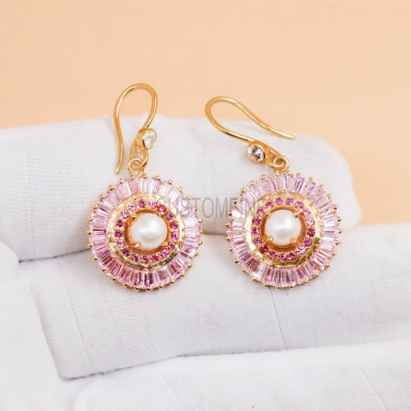 Pink Topaz with Ruby and Pearl Earrings Jewelry, Silver Ruby and Pink Topaz with Pearl Earrings, Ruby Earrings, Pearl Earrings