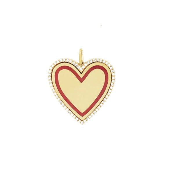 Pave Diamond Heart Pendant, 14k Yellow Gold Heart Red Enamel Pendant, Gold Diamond Enamel Pendant, Gold Heart Gift for Women