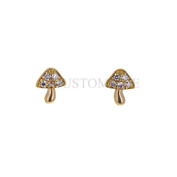 14k Yellow Gold Natural Diamond Mushroom Shape Tiny Stud Earrings Jewelry, Silver Mushroom Stud Earrings, Handmade Stud Earrings