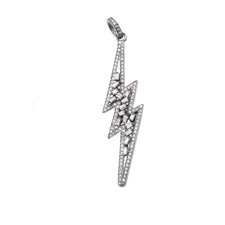 Pave Diamond Lightning Bolt Pendant, Diamond Baguette Pendant, Silver Diamond Lightning Bolt Charm Pendant, Handmade Pendant Jewelry