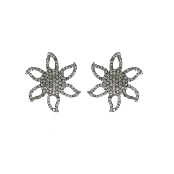 Pave Diamond Stud Floral Earrings, Diamond Pave Floral Studs, Handmade Stud Earrings, Sterling Silver Earrings Gift for Christmas