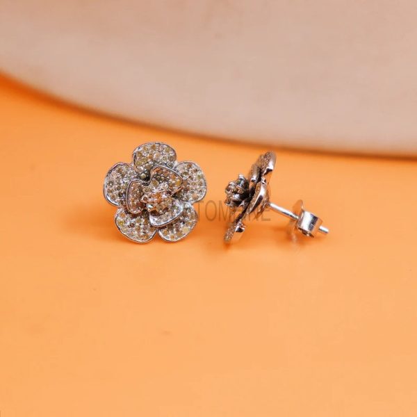 Natural Pave Diamond Flower Shape Stud Earrings Jewelry, Flower Diamond Stud, Sterling Silver Pave Diamond Stud Earrings