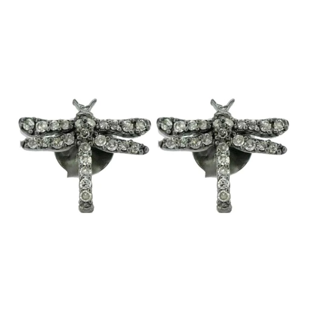Pave Diamond Stud Earrings, Diamond Pave Dragonfly Stud Earrings, 925 Sterling Silver Stud Earrings, Diamond Studs Gift for Women