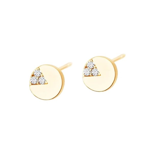 Gold Minimalist Studs, Pave Diamond Round Disc Stud Earrings, Diamond Triangle Earrings, 14k Yellow Gold Circle Stud Earrings
