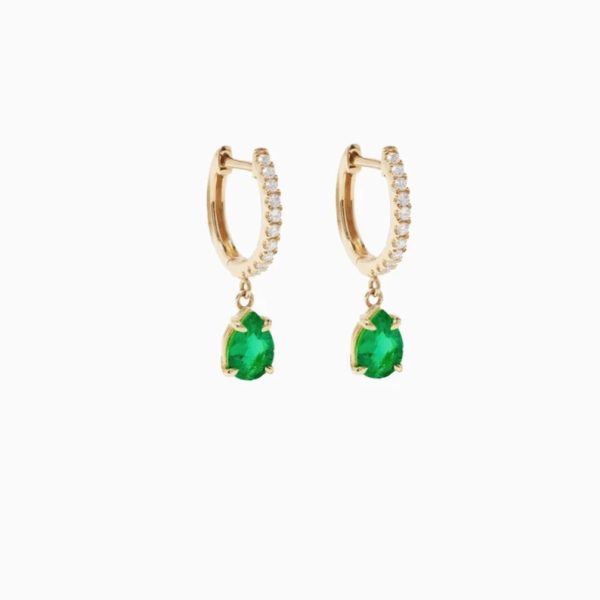 Pave Diamond Hoop Earrings, Diamond Gold Hoop Earrings, 14k Yellow Gold Emerald Pear Drop Earrings, Diamond Earrings Gift for Women