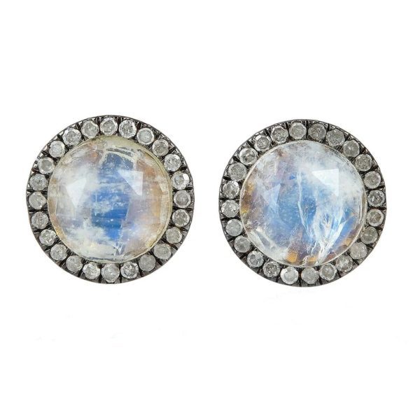 925 Sterling Silver Earrings, Pave Diamond Studs, Diamond Minimalist Stud Earrings, Rainbow Moonstone Mini Round Disc Stud Earrings