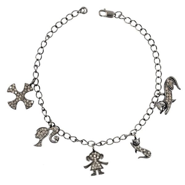 Diamond Chain Bracelet, Diamond Pave Charms Hanging 925 Silver Bracelet, Diamond Music Component Charm Bracelet Gift for Women