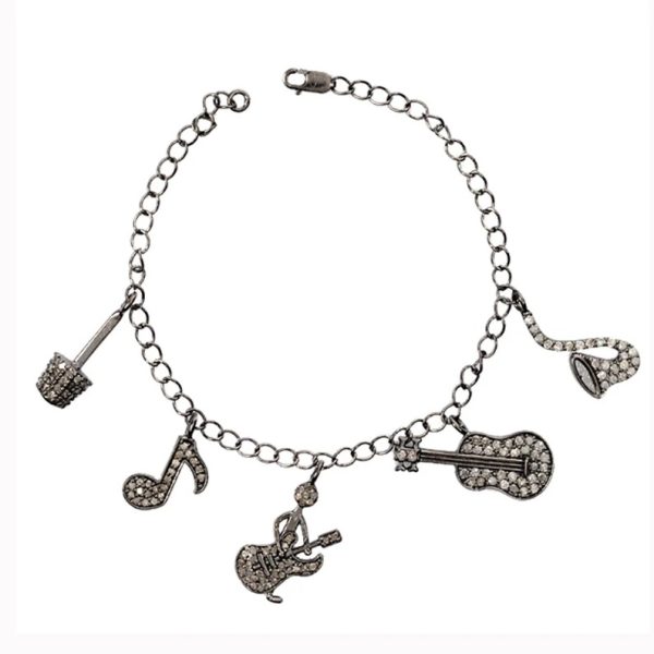 925 Silver Bracelet, Diamond Chain Bracelet, Diamond Pave Charms Hanging Bracelet, Diamond Music Component Charm Bracelet for Women