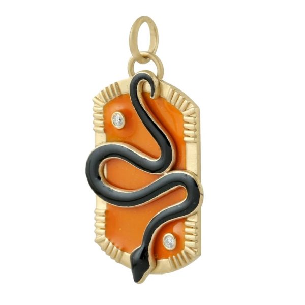 14k Yellow Snake Charm Pendant Necklace Natural Diamond Snake Charm Pendant Black & Orange Enamel Jewelry Halloween Gift Customize