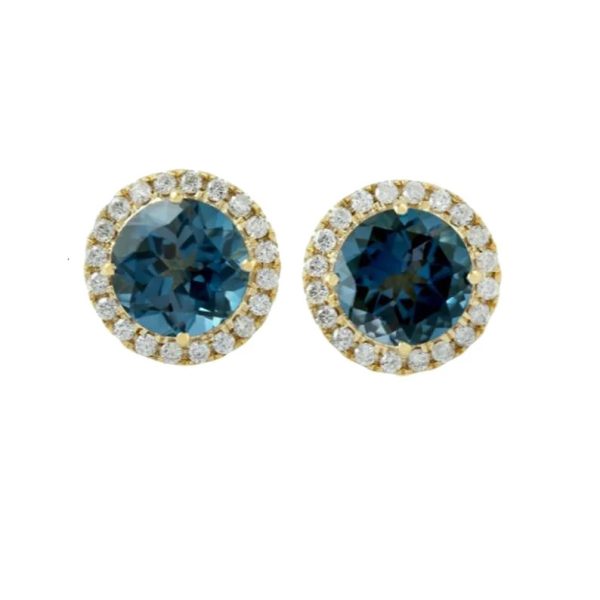 Pave Diamond Earrings, Diamond Disc Stud Earrings, Blue Topaz Mini Stud Earrings, Gold Stud Earrings Birthday Gift for Women