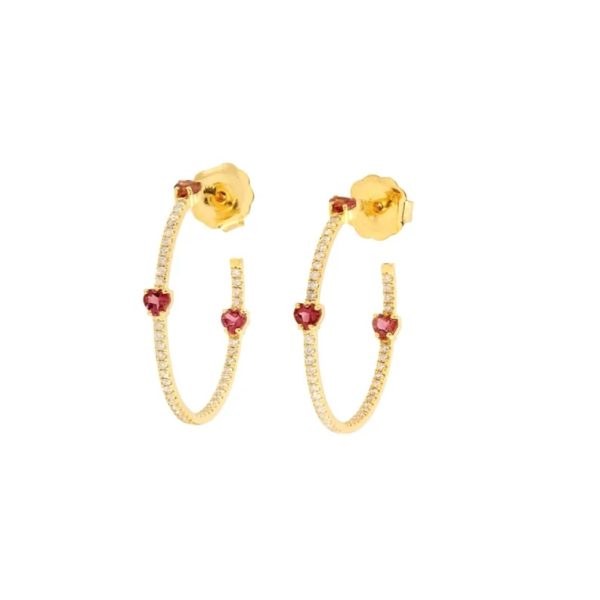 Pave Diamond Earrings, Diamond Hoop Earrings, Diamond Pink Tourmaline Hoop Earrings, 14k Yellow Gold Earrings Wedding Gift Women