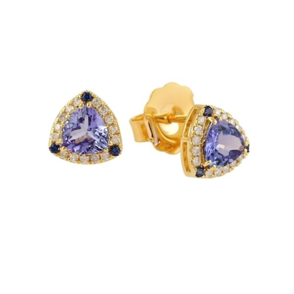 Diamond Stud Earrings, Pave Diamond Stud Earrings, 14k Yellow Gold Trillion Mini Stud Earrings, Tanzanite Blue Sapphire Earrings