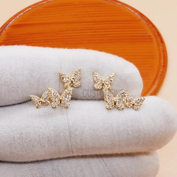 14k Gold Natural Pave Diamond Butterfly Shape Stud Earrings, Tiny Butterfly Stud, Gift For Her
