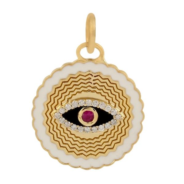 14k Yellow Gold Evil Eye Disc Pendant Enamel Charm Necklace Pendant Jewelry Pave Diamond Disc Pendant Women Fine Jewelry Gift For Her