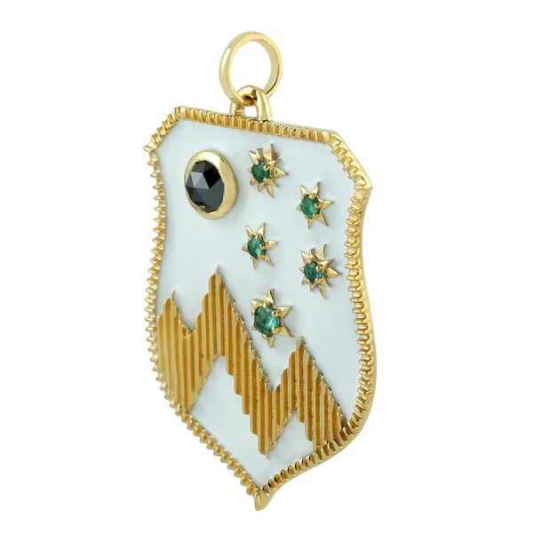 Enamel Charm Pendant, Bezel Set Gemstone Emerald Star Disc Necklace Pendant 14k Yellow Gold Pendant Mountain Disc Pendant Jewelry For Gift