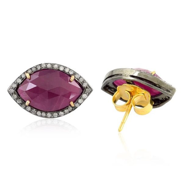 925 Silver With Gold Plated Stud Earrings, Marquise Shape Ruby Stud Earrings, Natural Ruby Stud, Vintage & Antique Look Stud