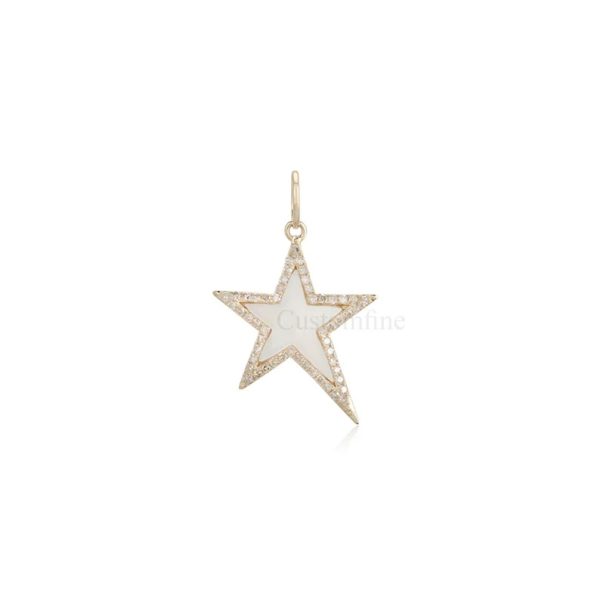 14K Gold Mother of Pearl Asymmetrical Star Charm, Diamond Star Charms Pendant Jewelry, Pearl Star Pendant