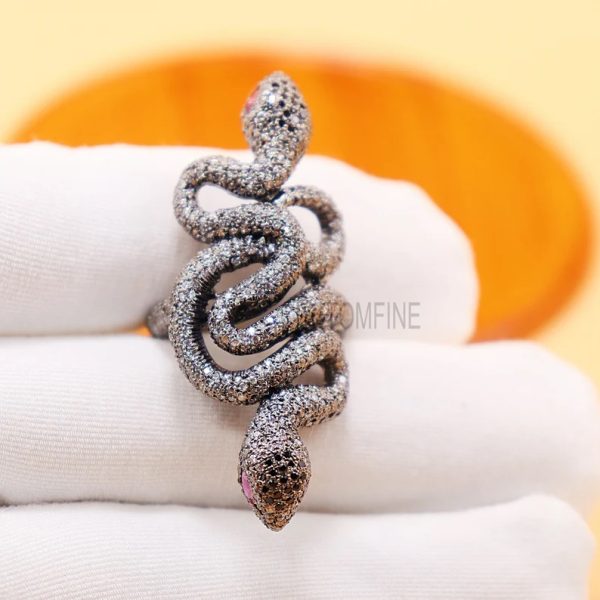 Halloween Day Sale!! Natural Pave Diamond Double Side Snake Ring Jewelry, Diamond Ruby Snake Ring, Silver Snake Ring Jewelry, Diamond Snake