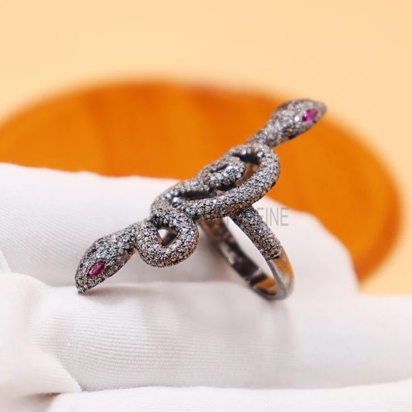 Halloween Day Sale!! Natural Pave Diamond Double Side Snake Ring Jewelry, Diamond Ruby Snake Ring, Silver Snake Ring Jewelry, Diamond Snake