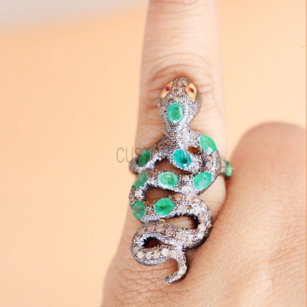 Halloween Day Sale!! Natural Pave Diamond Snake Shape Ring Jewelry, Diamond Emerald Snake Ring, Silver Snake Ring Jewelry, Pave Diamond Ring