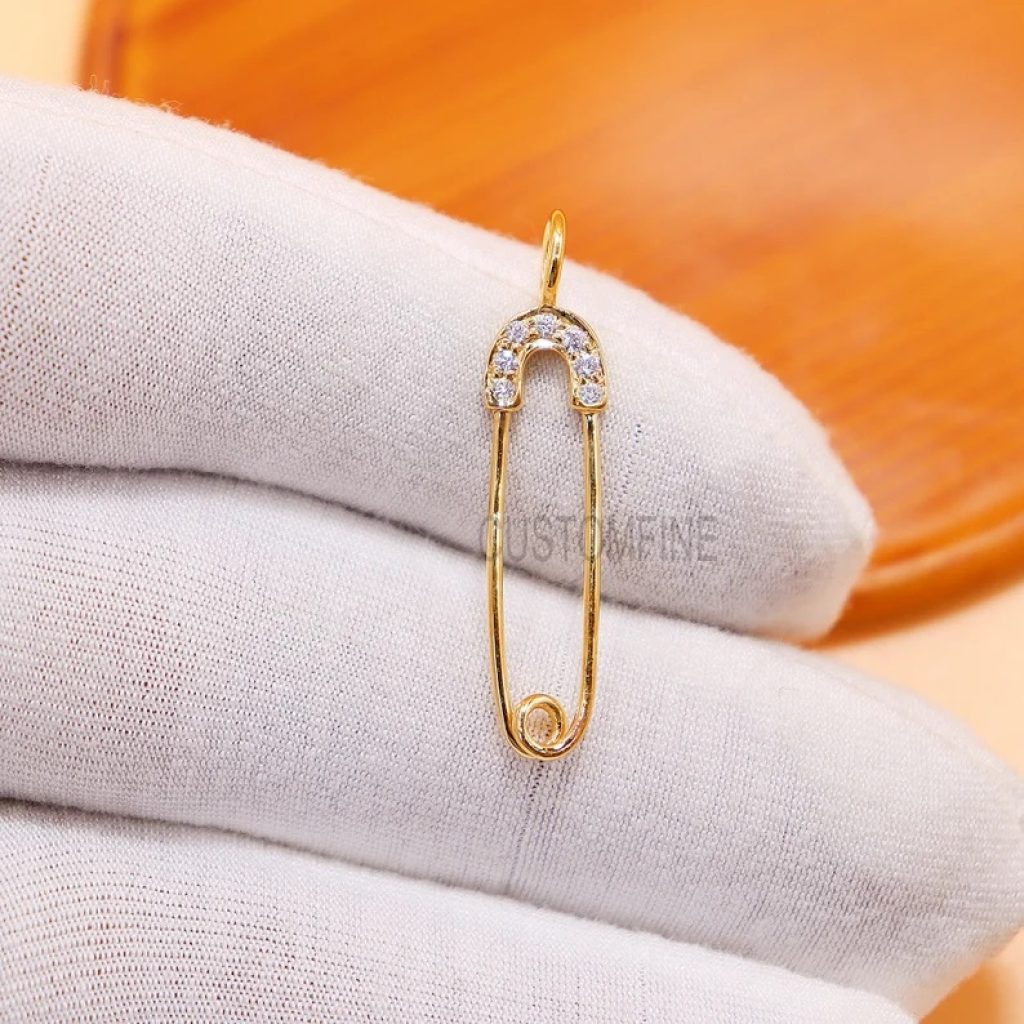 Natural Pave Diamond Handmade Sterling Silver Yellow Gold Plating Tiny safety Pin Charm, Silver Diamond Safety Pin Charm, Diamond Pendant