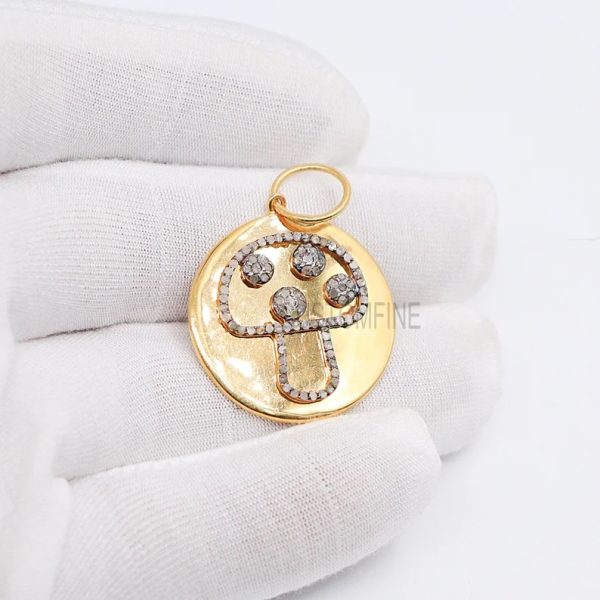 925 Sterling Silver Round Disc Pave Diamond Mushroom Shape Charm Pendant, Mushroom Charm Pendant, Silver Clover, Diamond Mushroom Pendant