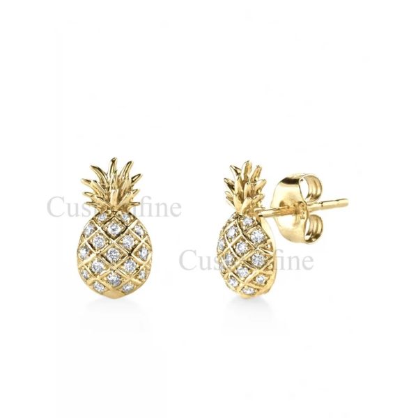 14k Gold Natural Pave Diamond Pineapple Stud Earrings, Diamond Pineapple Stud, 14k Diamond Pineapple Earrings, Pineapple Stud Earrings