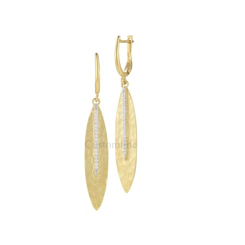 14k Yellow Gold Natural Pave Diamond Leaf Dangle Earrings, Yellow Gold Leaf Dangle Earrings, Leaf Diamond Earrings, Earrings Gift For Her