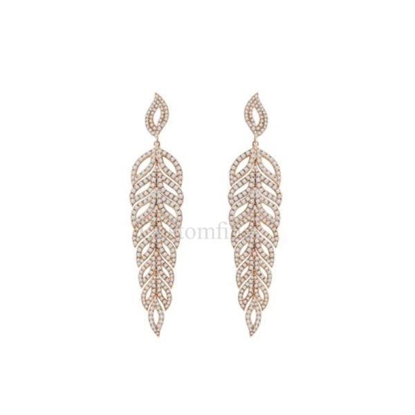 18k Yellow Gold Natural Pave Diamond Feather Leaf Dangle Earrings, Yellow Gold Dangle Earrings, Leaf Diamond Earrings, Earrings Gift For Her