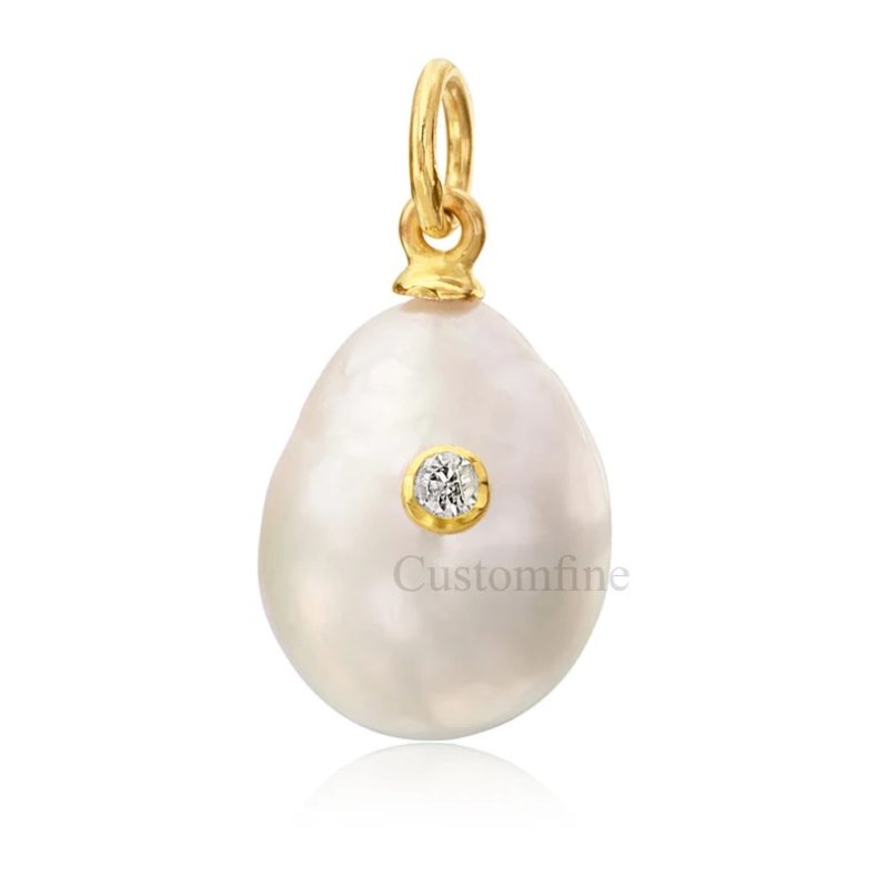 14k Gold Pearl Diamond Charm, 14k Gold Pearl Charm, Gold Diamond Pearl Charm, 14k Gold Diamond Pearl Charm For Necklace Jewelry