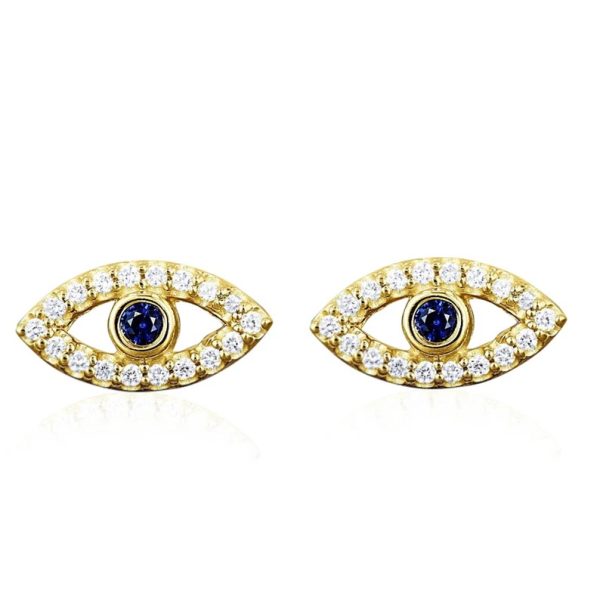 14k Yellow Gold Studs, Pave Diamond Mini Stud Earrings, Gemstone Gold Evil Eye Mini Stud Earrings, Blue Sapphire Mini Studs