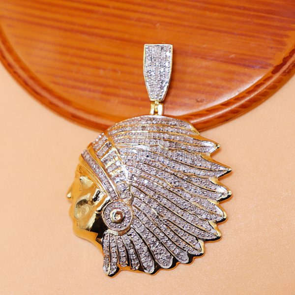 Real 10k Gold Indian Chief Head Pendant for Men with Genuine Diamonds 1.2ct, 10k Gold Diamond Indian Chief Charm, Indian Chief Charm For Men