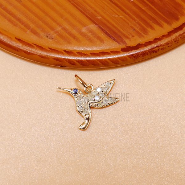 14k Gold Diamond Hummingbird Charm, Gold Humming Bird Charm, Handmade Gold Diamond Humming Bird Charm Jewelry