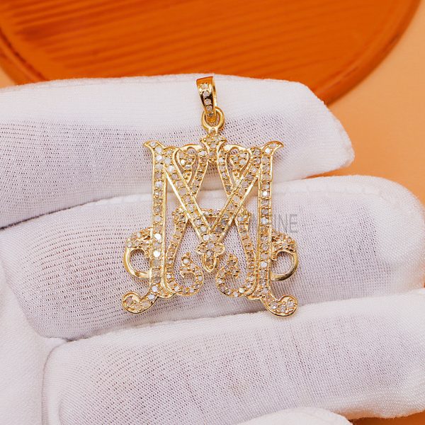 Natural Pave Diamond Handmade M Shape Initial Monogram Pendant Jewelry, Personalized Silver Monogram Jewelry