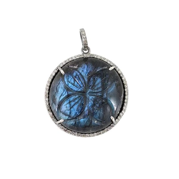 Labradorite Gemstone Pendant, Pave Diamond Circle Pendant, Sterling Silver Gemstone Engraved Floral Charm Pendant Jewelry for Women