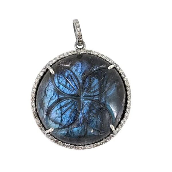 Labradorite Gemstone Pendant, Pave Diamond Circle Pendant, Sterling Silver Gemstone Engraved Floral Charm Pendant Jewelry for Women