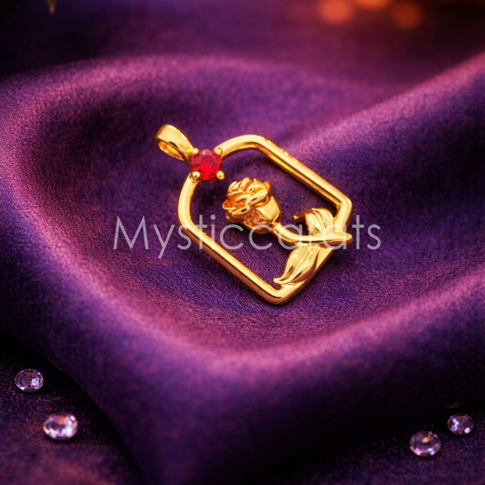 925 Sterling Silver Gold Plated Framed Rose Pendant with Red Crystal