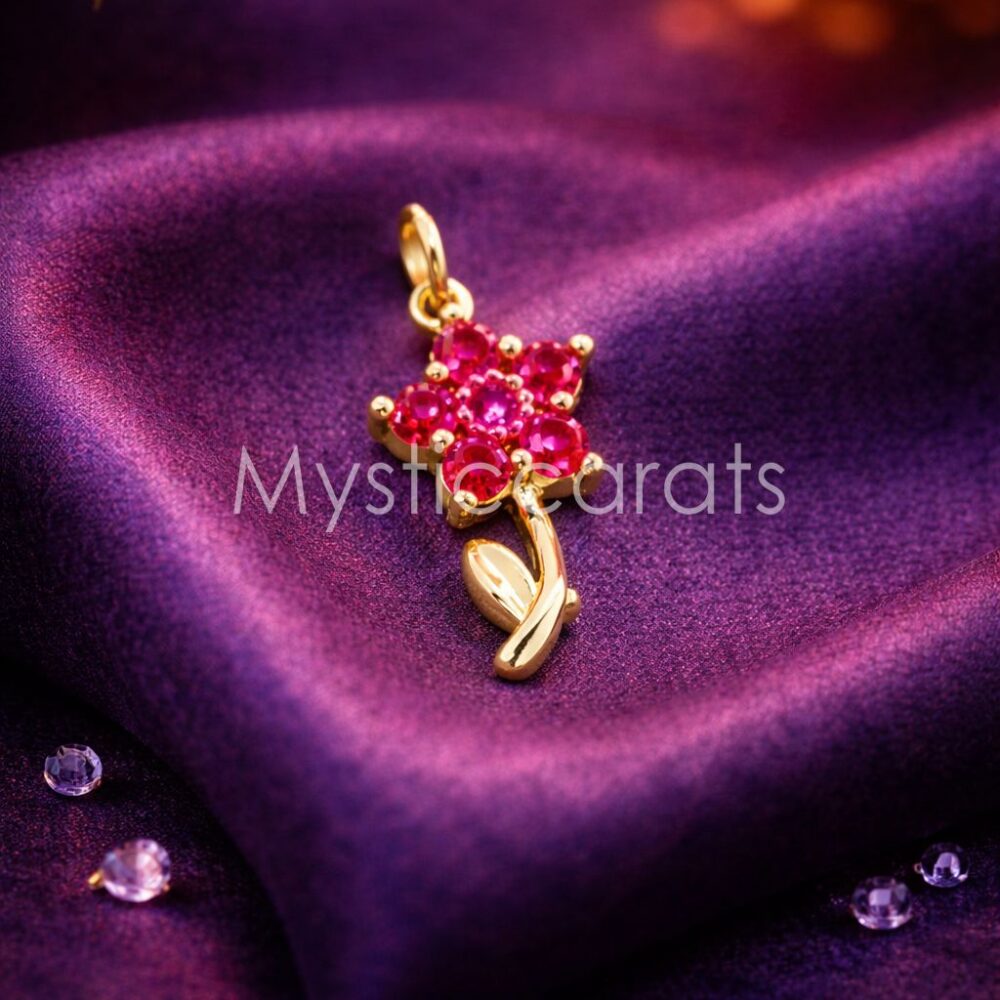 925 Sterling Silver Gold Plated Pink Flower Stem Pendant