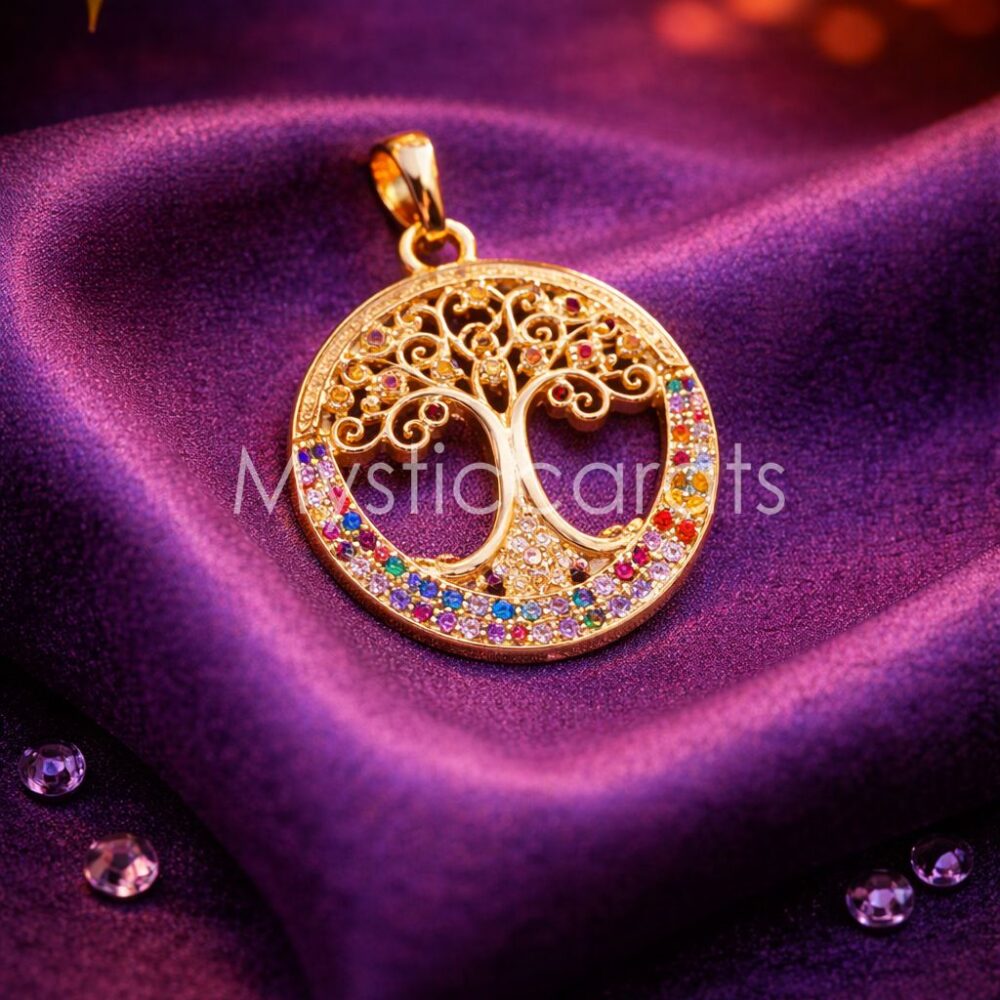 925 Sterling Silver Gold Plated Filigree Tree of Life Rainbow Medallion