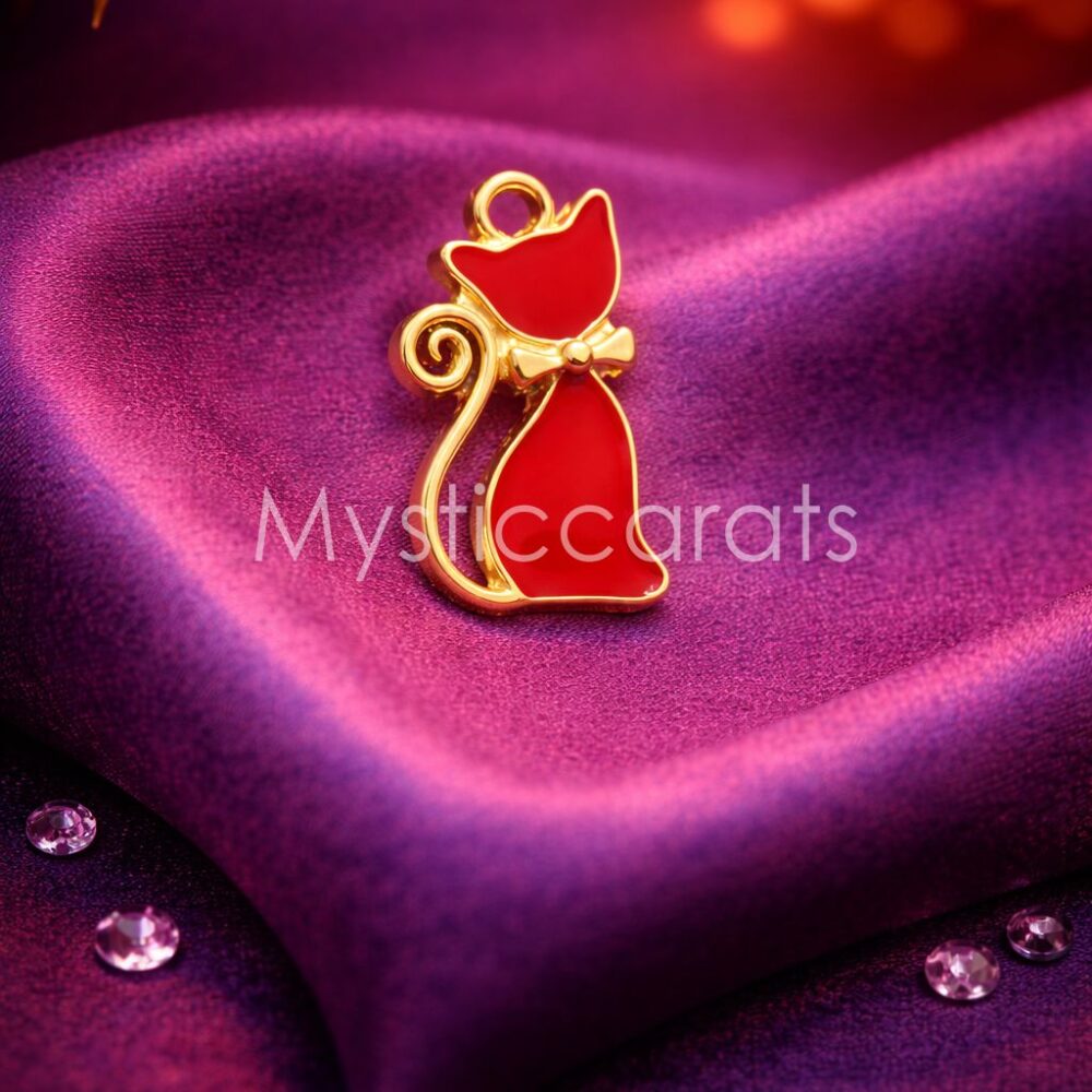 925 Sterling Silver Red Enamel Bow Cat Pendant