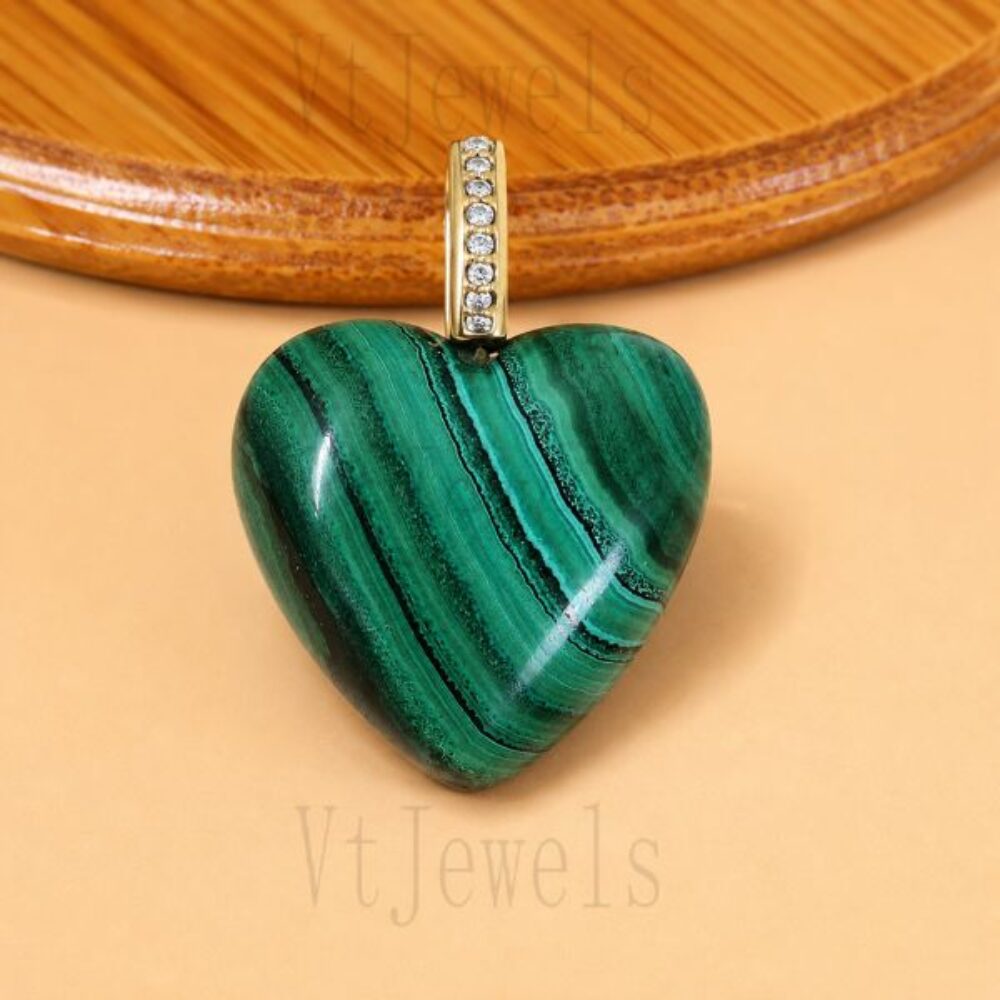 Malachite Heart Pendant 925 Silver, Green Stone Charm
