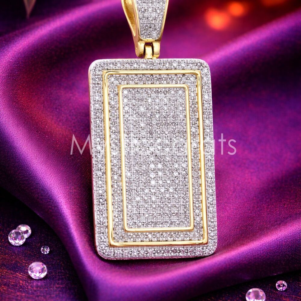 925 Sterling Silver Gold Framed Pave Dog Tag Pendant