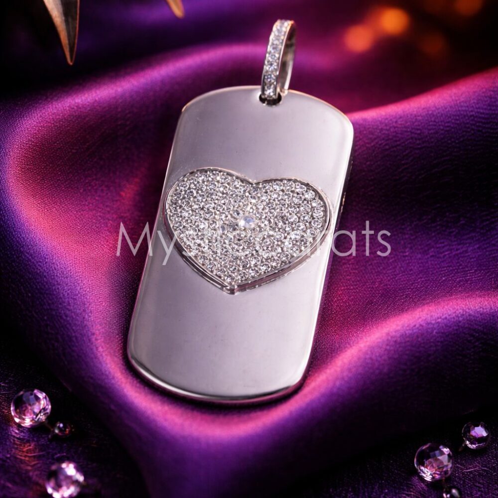 Sterling Silver Heart Dog Tag Necklace, Pavé Diamond Heart Pendant