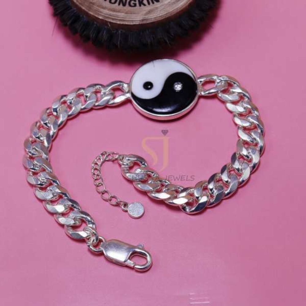 925 Sterling Silver Yin Yang Cuban Link Bracelet | Bold Balance Symbol Chain Bracelet | Adjustable Unisex Jewelry